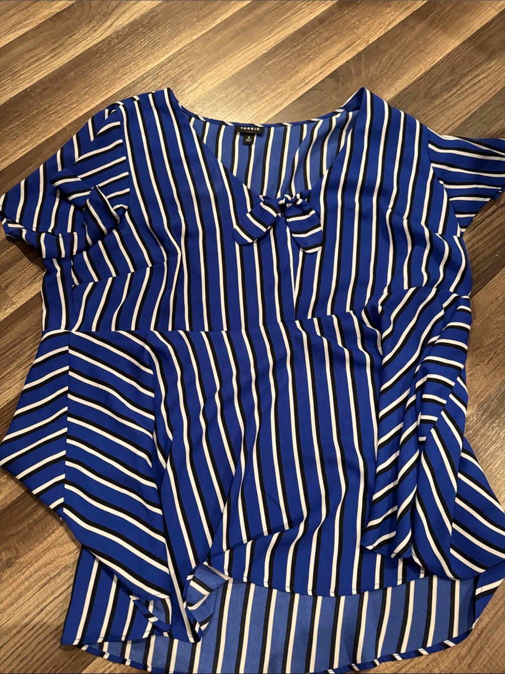 torrid Blue and White Striped Short Sleeve Top with Neck Bow
